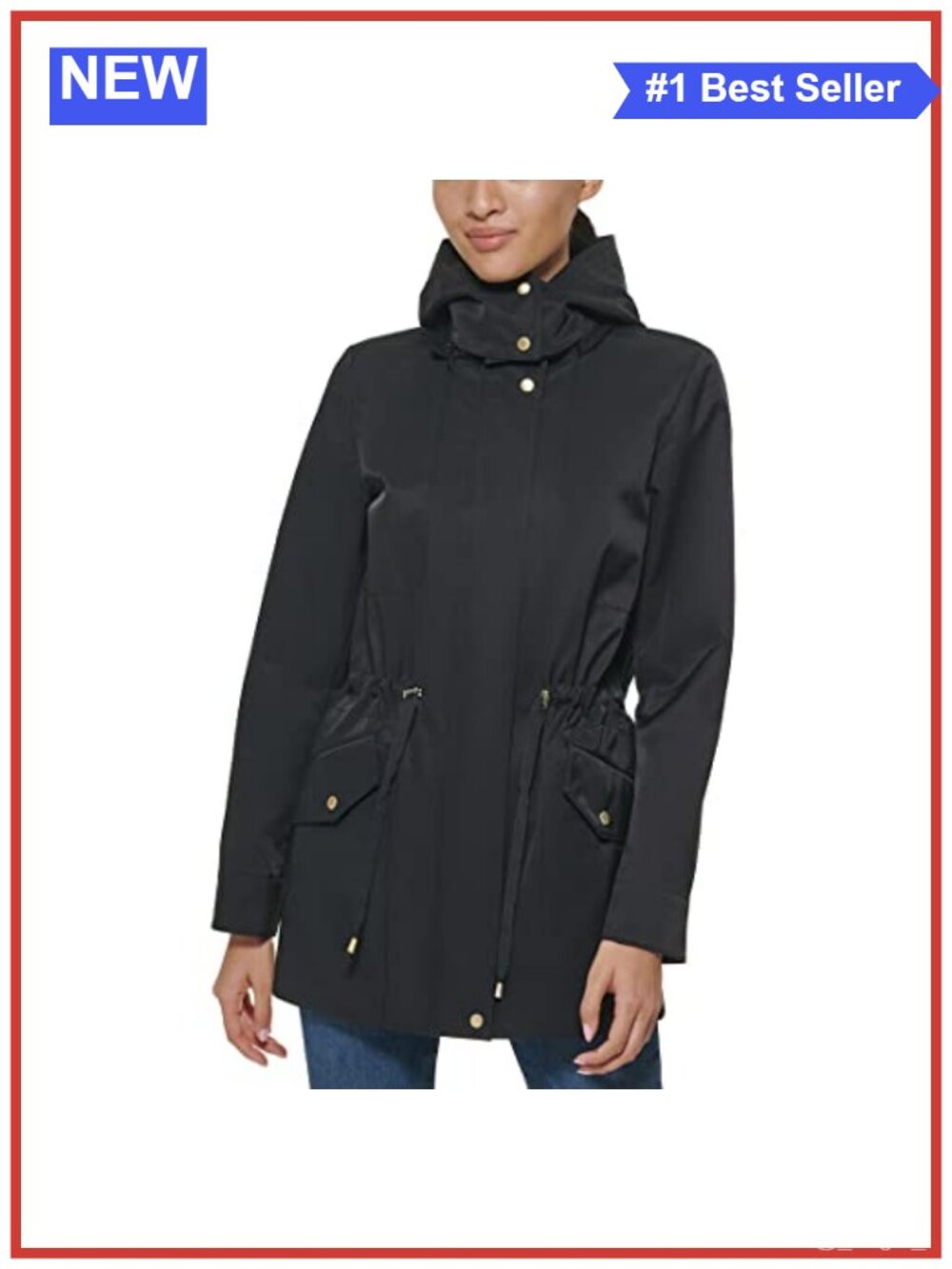 Cole Haan Women's Adjustable Rain Short Coat Hooded Classic Fit